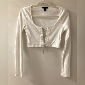 Forever 21 White Bedazzled Tie Front Crop Blouse size M